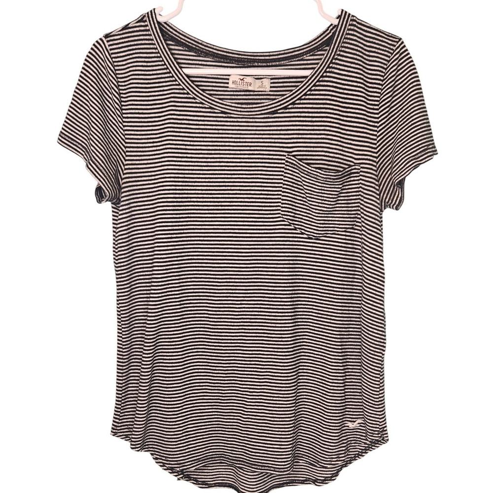 Hollister Womens Striped Short Sleeve Pocket T-Shirt Black White Small Crew Neck